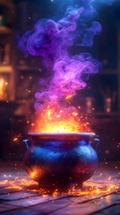 Enigmatic Cauldron with Colorful Smoke and Fiery Flames - Fantasy Themed Art