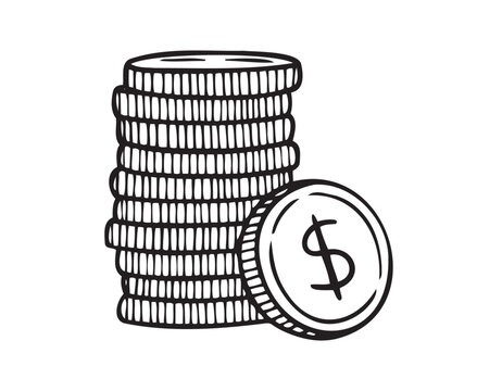 Stack of Coins Doodle Dollar, hand drawn vector of a stack of gold coins with Dollar currency sign on it.