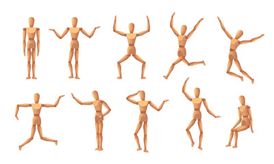 Wooden mannequin. Reference dummy body positions, wood human model statue toy with joint. Art mannequins in various dynamic poses cartoon isolated vector illustration set.