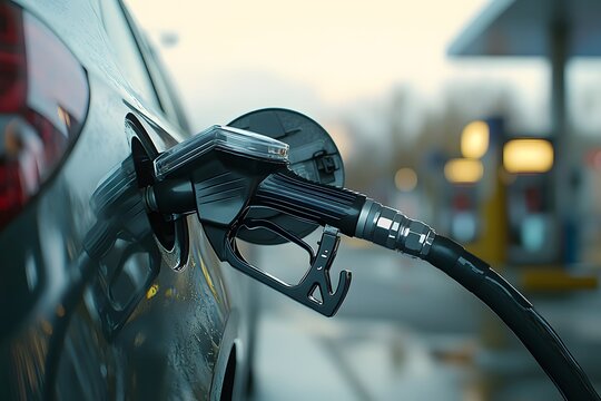 A Gas Pump Nozzle Inserted into a Car's Fuel Tank