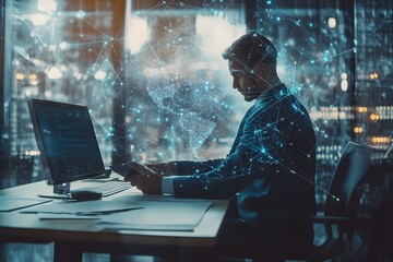 A Man Working on a Computer with a Digital Globe and Network Connections Overlayed