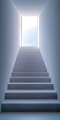 A minimalistic stairway leading to a bright, illuminated door, symbolizing hope and new beginnings in a serene and tranquil setting.