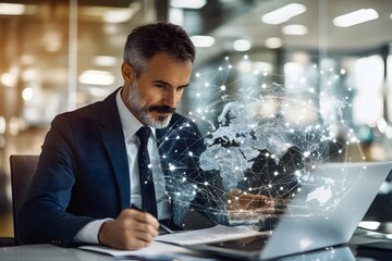 Businessman working on a laptop with a global network overlay