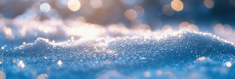 Poster glistening snow covers the ground, reflecting morning sunlight and showcasing intricate frost patter