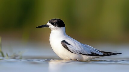 Obraz premium A white and black bird with a long, thin beak is perched on the surface of a body of water with green foliage in the background.