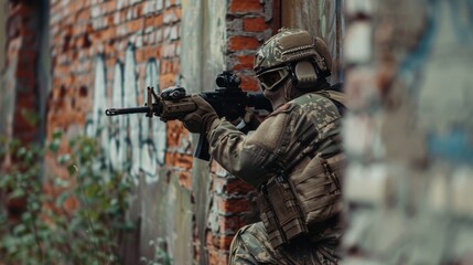 Fototapeta premium Player Taking Cover During Airsoft Skirmish Action