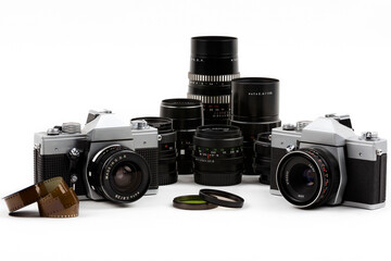 old photo camera with lenses on a white background