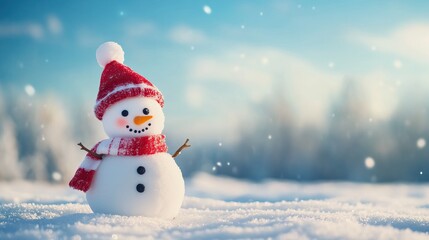 Obraz premium A cute snowman with hat and scarf standing outdoors on a snowy day