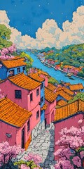 Obraz premium A vibrant, artistic illustration of a picturesque village with colorful pink houses and blooming cherry blossoms along a serene river, under a bright blue sky.
