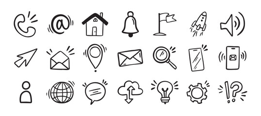Contact doodle hand drawn icon. Isolated communication signs for business