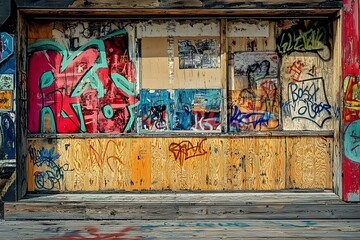 A Wooden Structure Covered in Graffiti and Faded Paint