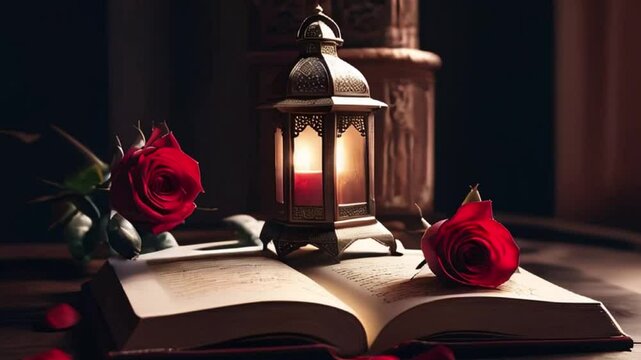 red rose and book with latern HD resolution with hyper realistic 4K Background