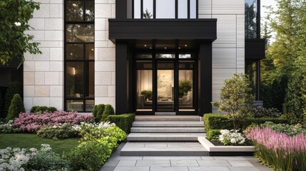 Modern Home Entrance with Lush Garden and Clean Lines