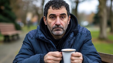 Fototapeta premium Middle-aged man with slight tremor holding cup of coffee on park bench, symbolizing struggle with Parkinson's disease, calm natural setting.