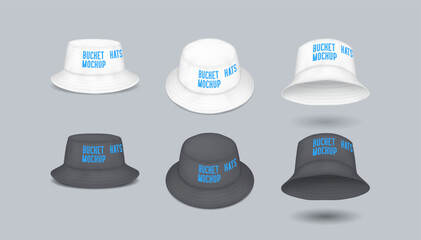 Bucket hats with branding areas realistic vector illustration set. Mockup headwear in black and white colors template 3d models on grey