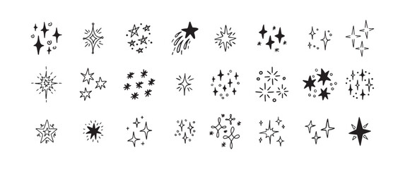 Star Shine Sparkle Hand Drawn Doodle set. Glitter Icon