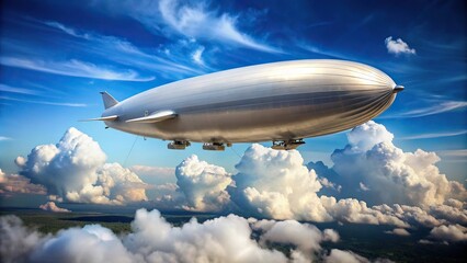 Naklejka premium A panoramic view of an airship in a blue sky with white clouds
