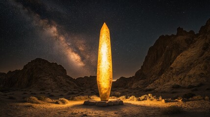 Obraz premium A glowing obelisk stands tall in the desert night, illuminated by the Milky Way.