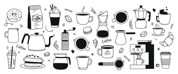 Coffee doodle. Cozy cafe coffee cups and beans, hand drawn desserts and espresso brewing tools. Cappuccino, latte to go, filter and Americano mug. Coffee shop branding vector illustrations set.