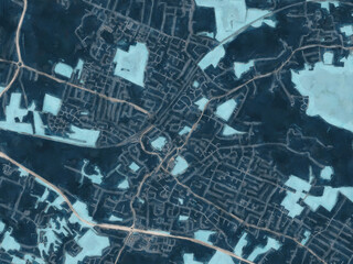 Painterly Style City Map of Rayleigh, the United Kingdom in a Blue Color Scheme.