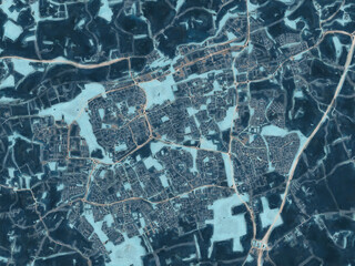 Painterly Style City Map of Harlow, the United Kingdom in a Blue Color Scheme.