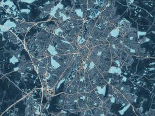 Painterly Style City Map of Leicester, the United Kingdom in a Blue Color Scheme.