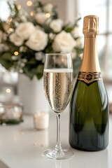 Festive celebration: elegant sparkling champagne glass, capturing the essence of luxury, joy, toasting, and special moments, embodying spirit of festivities with bubbles, glamour, shared happiness.