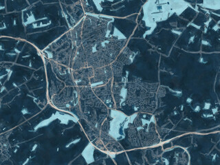 Painterly Style City Map of Kettering, the United Kingdom in a Blue Color Scheme.