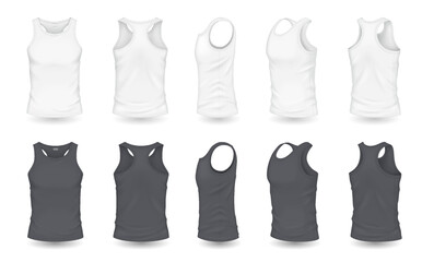 Men tank tops with mockup design realistic vector illustration set. Clothing for sport and rest with copyspace 3d models on white background