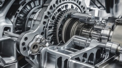 A detailed view of intricate mechanical gears and components, showcasing industrial design and engineering precision in a close-up shot.