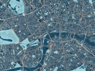 Painterly Style City Map of London Center, the United Kingdom in a Blue Color Scheme.