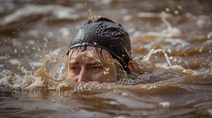 Swimmer Competes in Muddy Waters During Race