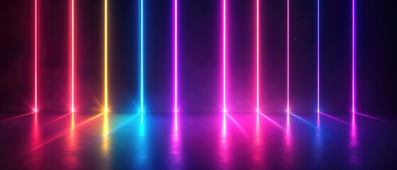 Bright Neon Vertical Lines Reflected On Glossy Surface.