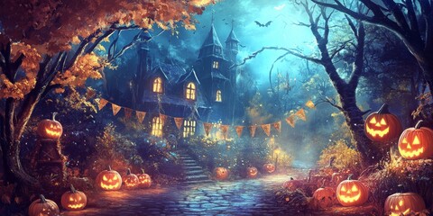 Fototapeta premium A fun Halloween party invitation with banners. Perfect for a poster or greeting card