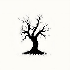 A bare, black silhouette of a tree on a white background.