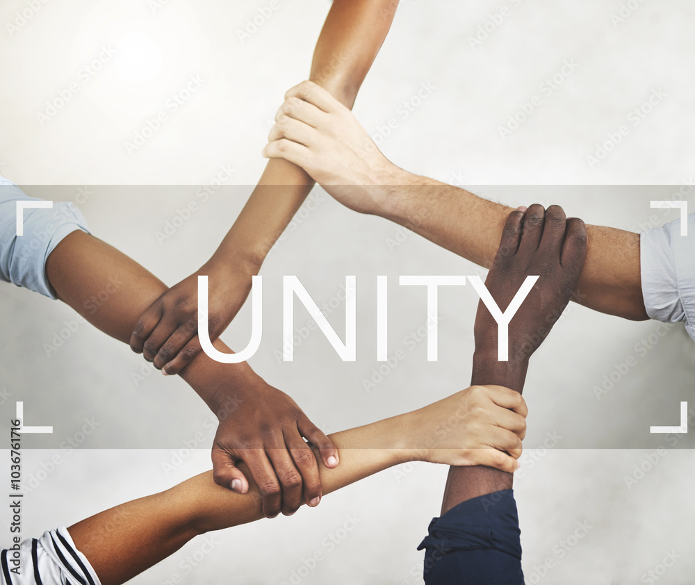 Poster Hands, business and people with unity in office of problem solving, collaboration and creative integration. Staff, support and team building with overlay for synergy, inclusion and project agreement
