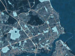 Painterly Style City Map of Tynemouth, the United Kingdom in a Blue Color Scheme.