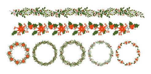 Festive garlands and wreaths flat color vector objects set. Poinsettia flowers holly leaves and berries illustrations pack on white background