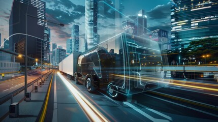 Obraz premium A high-tech autonomous truck driving through a smart city with digital infrastructure, with clear views of the truck鈥檚 design and the futuristic cityscape, Urban setting with advanced technology