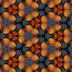Intricate Pattern of Orange and Dark Leaves with Water Droplets Creating a Vibrant and Textured Abstract Design in Nature-Inspired Art.