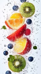 Fresh Fruit Splash with Kiwi  Orange  and Blueberry in Water