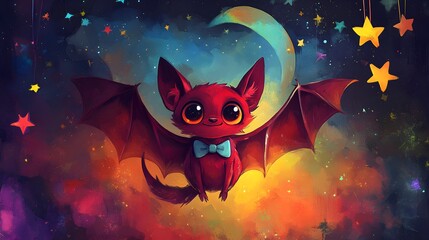 Fototapeta premium Cute Cartoon Bat Flying in Night Sky with Stars and Crescent Moon