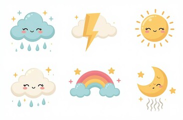 Cloud rain weather cartoon cute set. Cloud, sun, moon weather character with smile and angry face. Hand drawn doodle sketch style. Rainbow, wind, tornado doodle characte