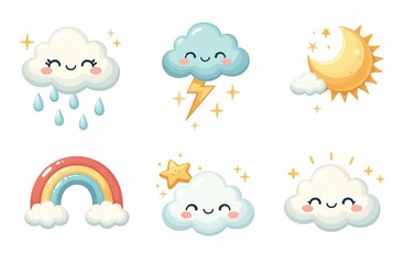 Cloud rain weather cartoon cute set. Cloud, sun, moon weather character with smile and angry face. Hand drawn doodle sketch style. Rainbow, wind, tornado doodle characte