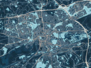 Painterly Style City Map of Warrington, the United Kingdom in a Blue Color Scheme.