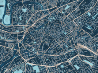 Painterly Style City Map of Manchester Center, the United Kingdom in a Blue Color Scheme.