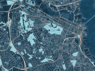 Painterly Style City Map of Birkenhead, the United Kingdom in a Blue Color Scheme.