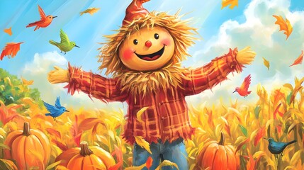 Fototapeta premium Happy Scarecrow in Pumpkin Patch with Birds