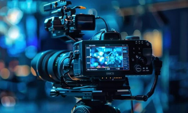 A professional video camera with a long lens mounted on a tripod, actively capturing footage of a live stream in a dynamic and vibrant setting