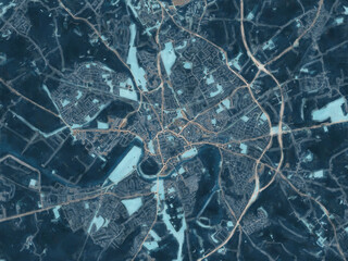 Painterly Style City Map of Chester, the United Kingdom in a Blue Color Scheme.